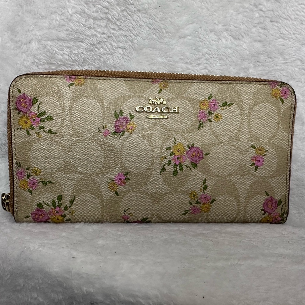 Coach Beige Wallet with Pink and Yellow Floral Design